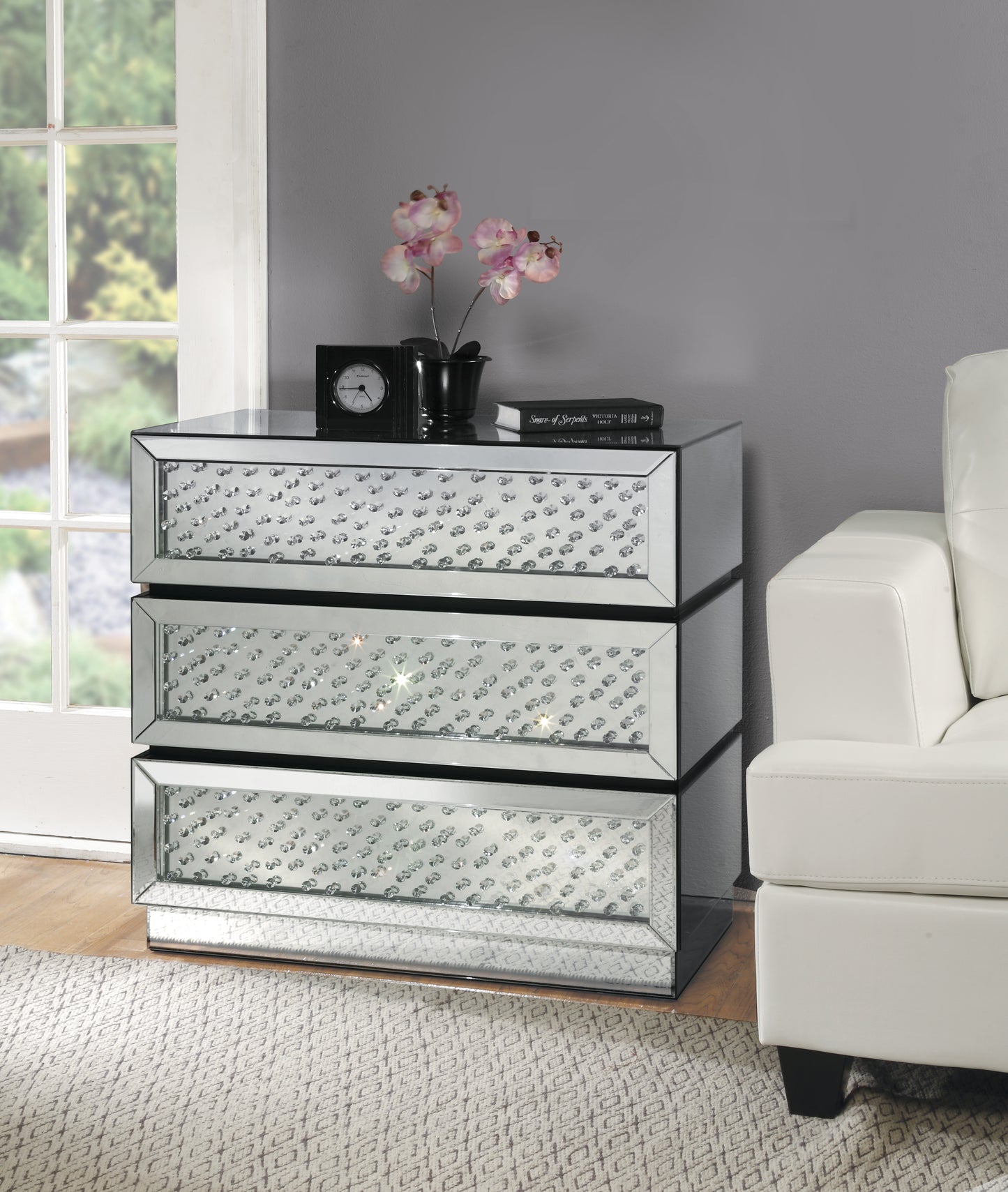 Nysa Silver Mirrored Console Cabinet with Faux Crystals