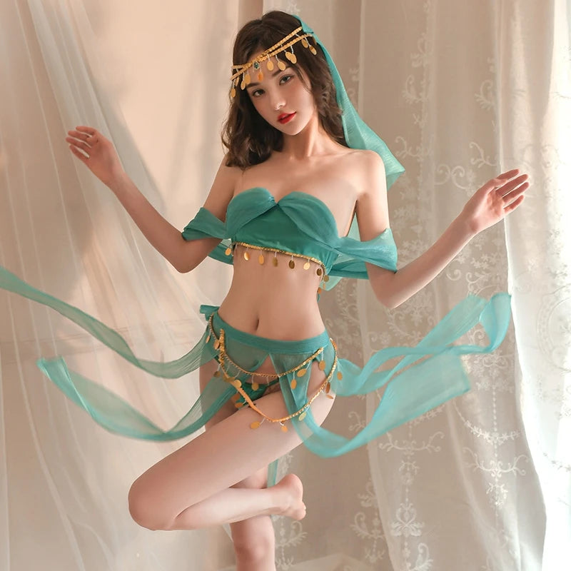 Sexy Dancing Girl Lingerie Suit with Veil and Tied Skirt - Adult Costume