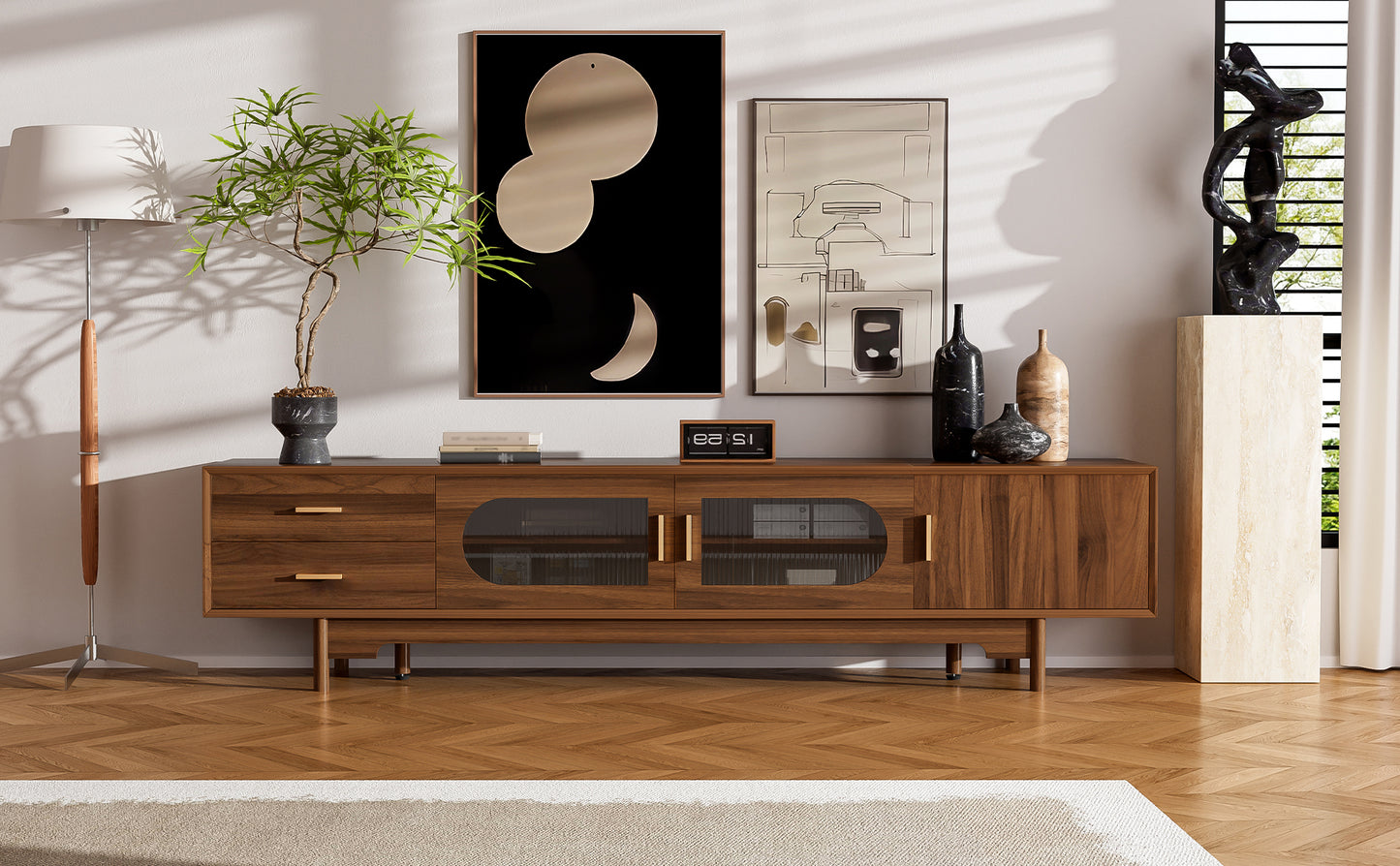 Modern 78-Inch TV Stand for TVs Up to 85" with Glass Doors & Drawers - Walnut