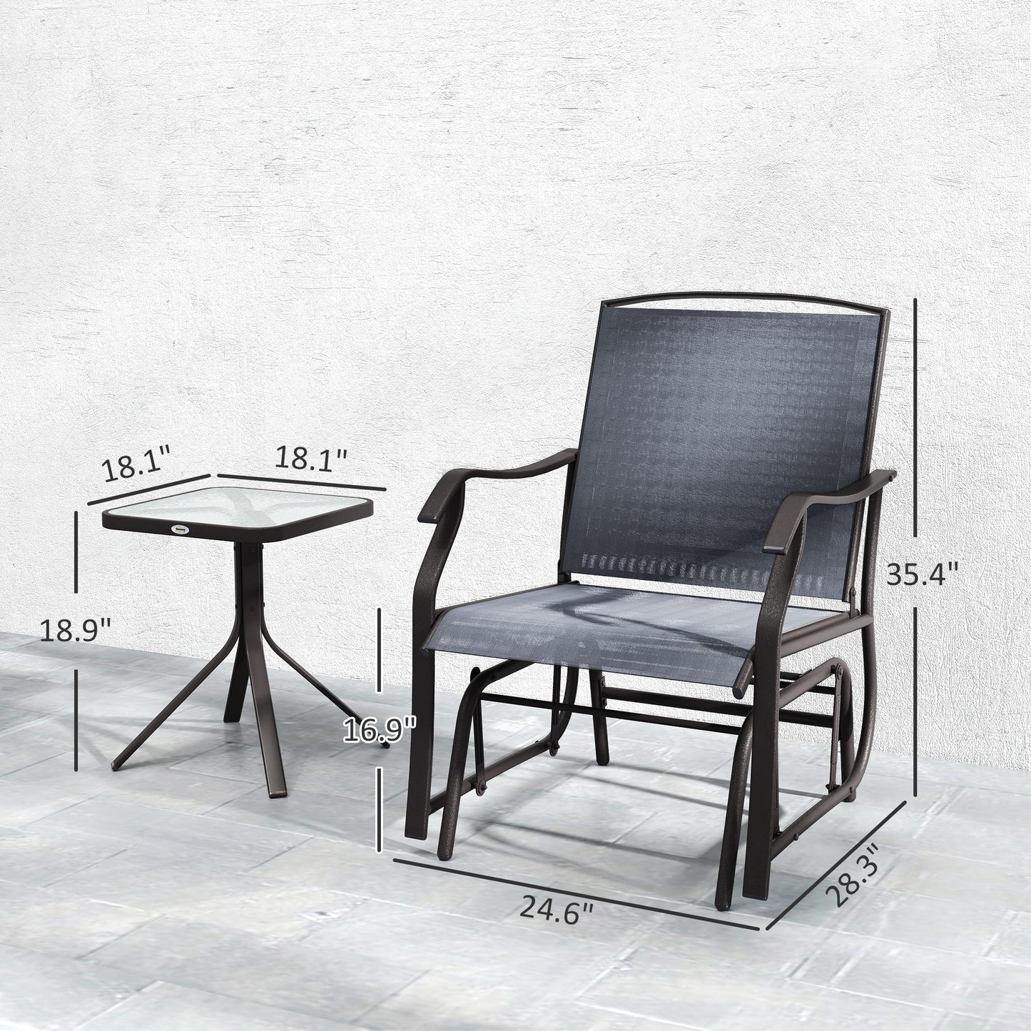 3-Piece Outdoor Glider Chair Set with Glass Coffee Table - Gray