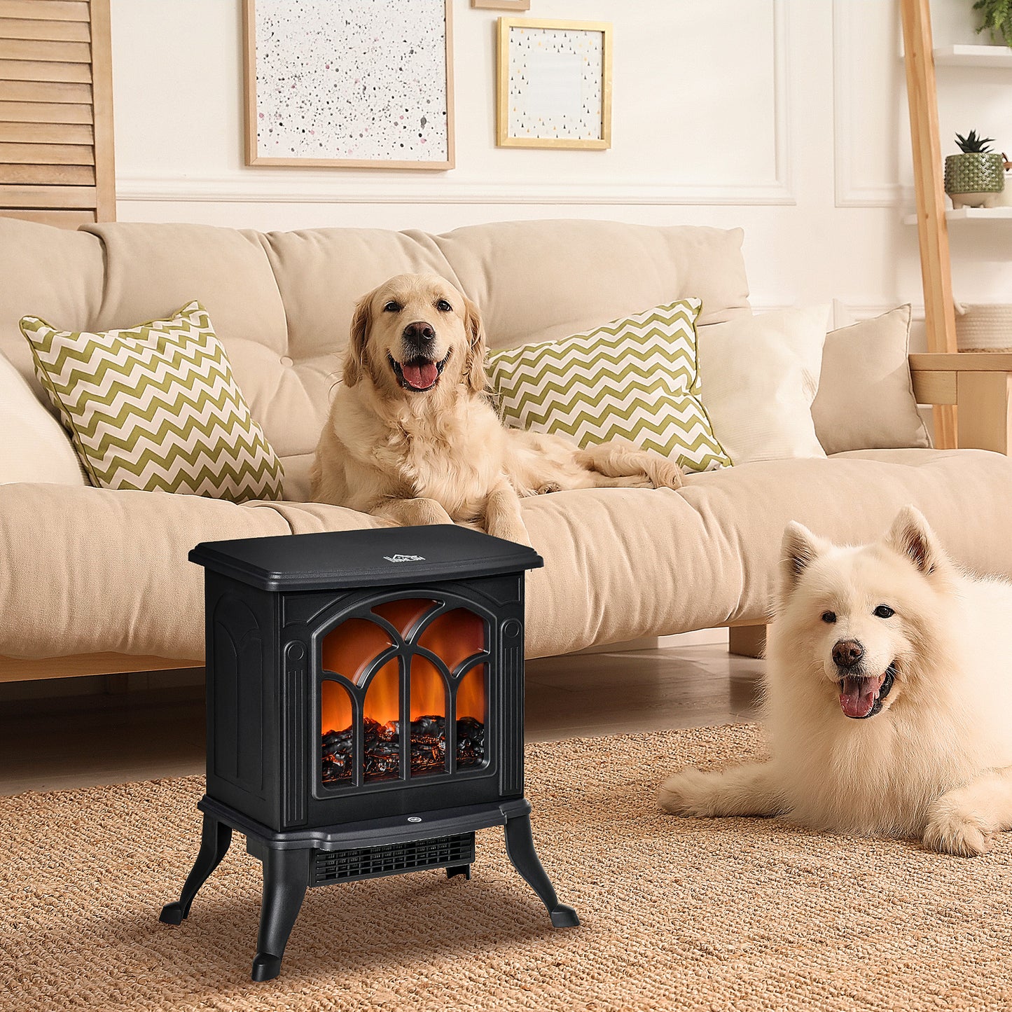 Electric Fireplace Heater with Realistic Logs & Flame Effect, Freestanding, 750W/1500W, Black