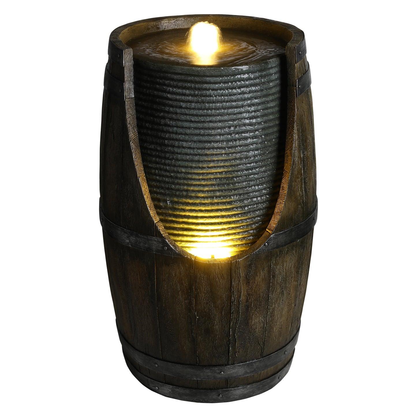 Outdoor Water Fountain with Bird Waterer - Rustic Barrel Garden Feature with LED Lights