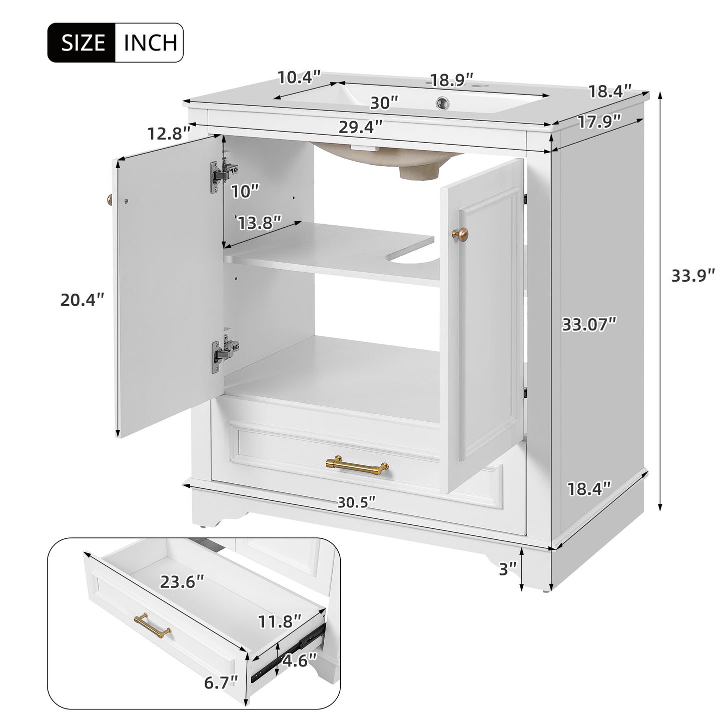 30" Bathroom Vanity with Ceramic Sink & Soft Close Doors - White