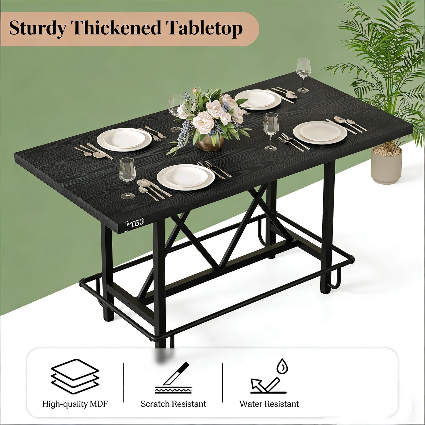 Rectangular Dining Table - Spacious Bar Table for 6 - Black