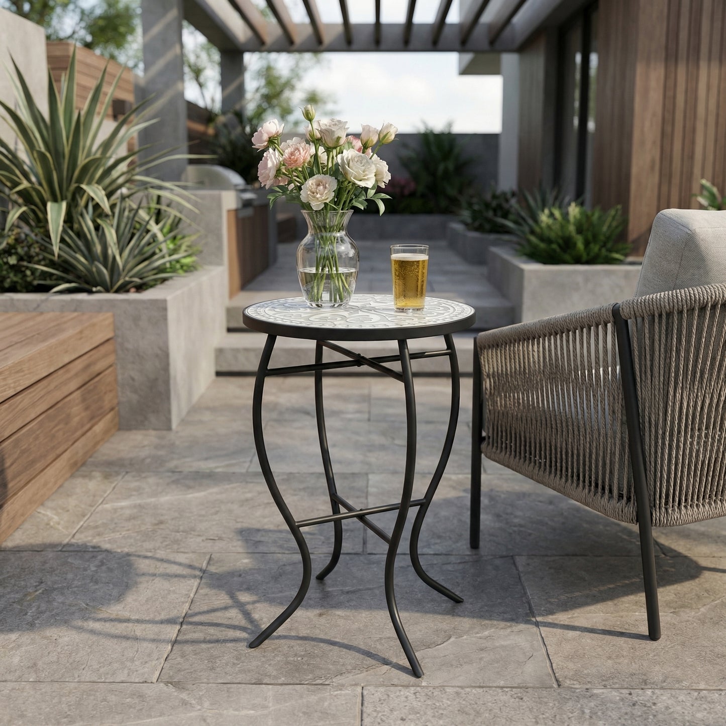 Outdoor Round Side Table with Mosaic Top & Curved Iron Legs - Grey & Black