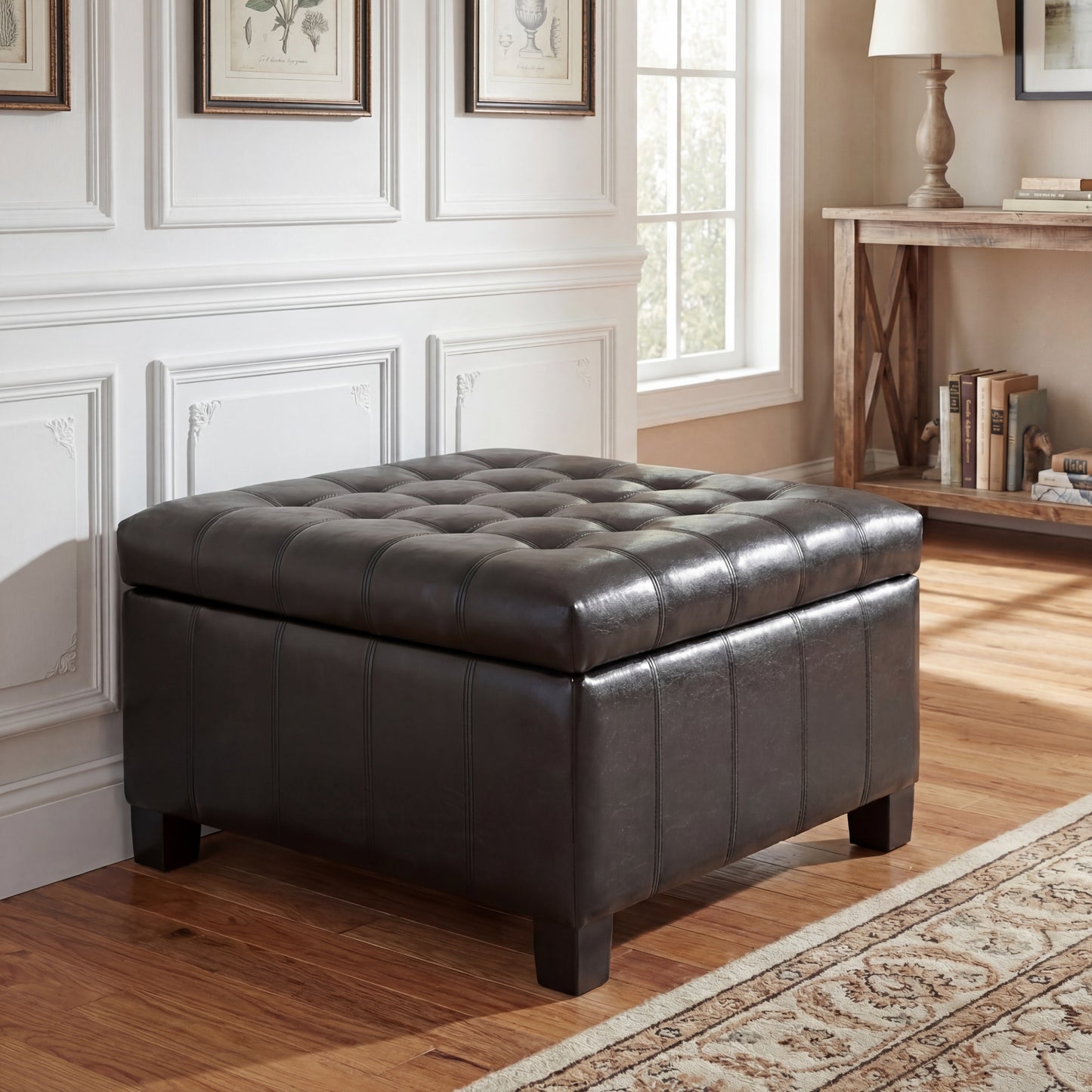 Black PU Storage Ottoman with Lift-Top - 30.25" Square