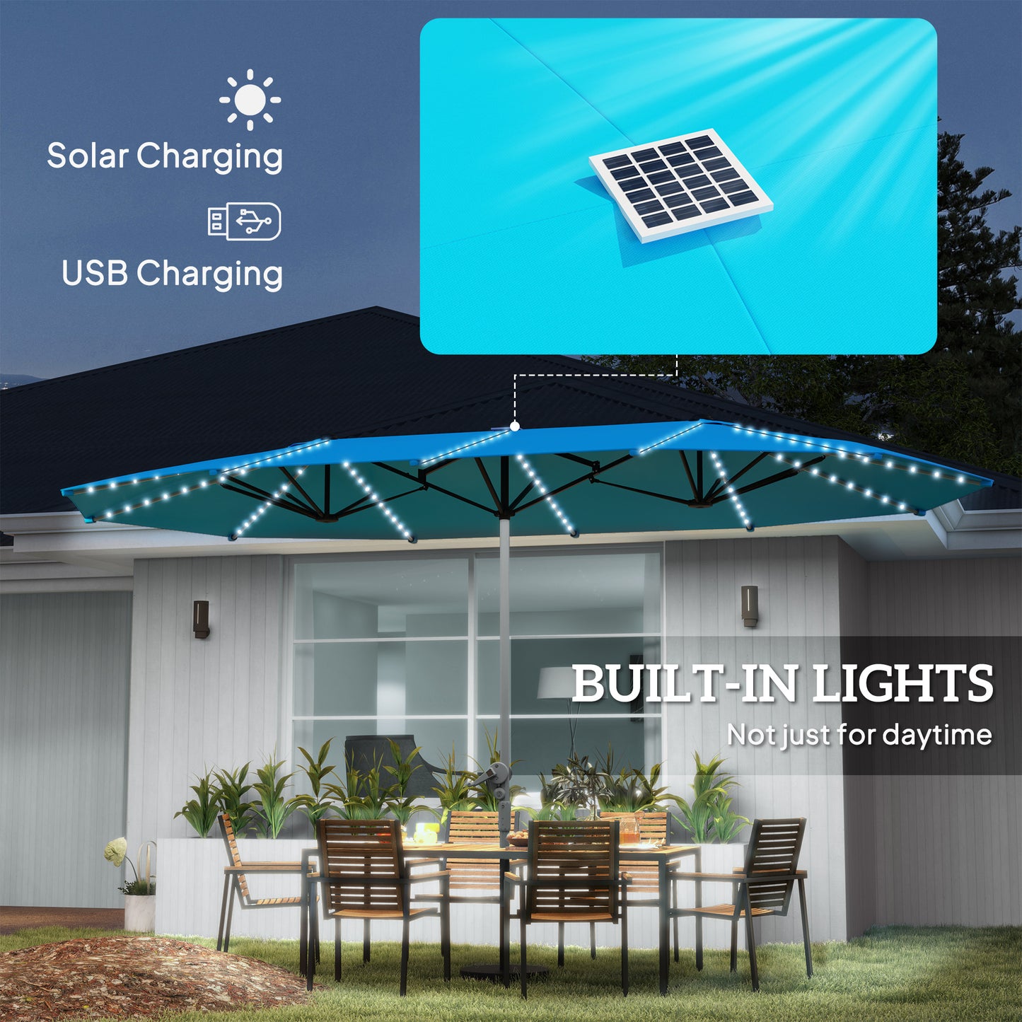 15ft Double-Sided Patio Umbrella with Solar Lights - Blue