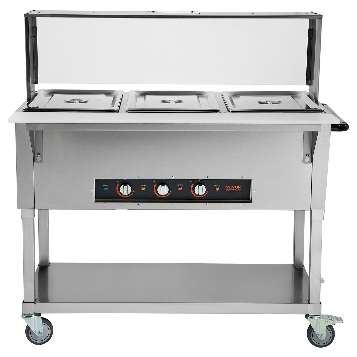 Commercial Food Warmer with 3 Pans and Acrylic Sneeze Guard - 1500W Stainless Steel Buffet Server, Silver