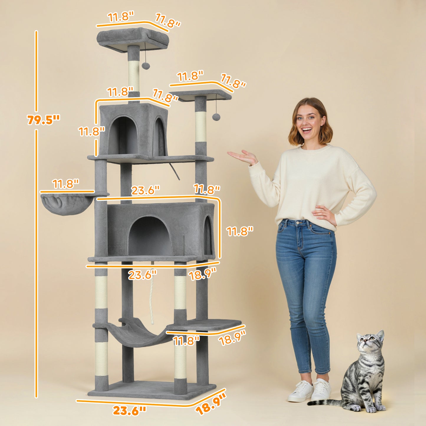 80-Inch Multi-Level Cat Tree Tower with Condos Hammocks & Scratching Posts