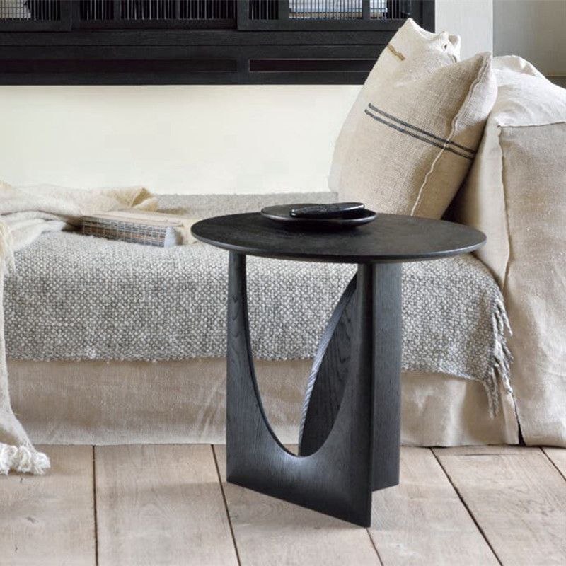 Solid Wood Side Table with Geometric Design - Black Bedside Nightstand