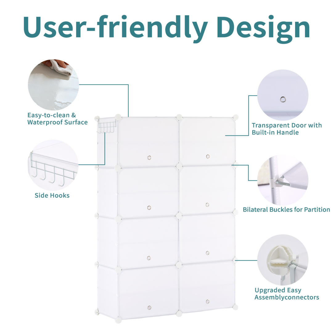 8-Layer Shoe Storage Cabinet with Doors - White, Stackable