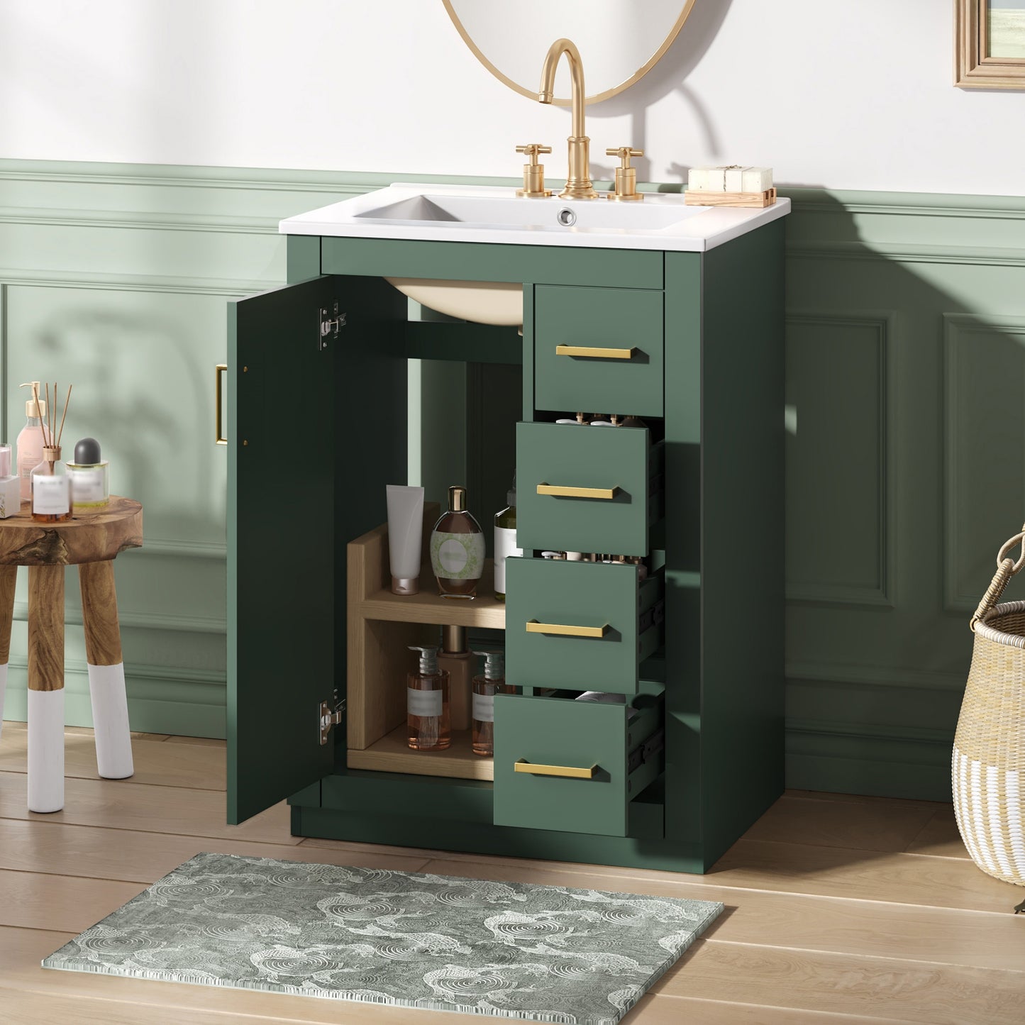 24" Green Bathroom Vanity with Integrated Ceramic Sink & 3 Drawers