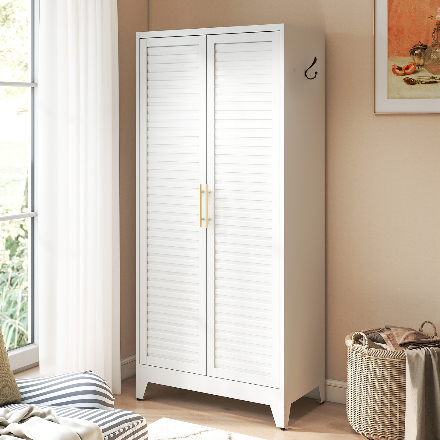 White Metal Wardrobe Closet With 2 Doors, 71in Tall Portable Storage