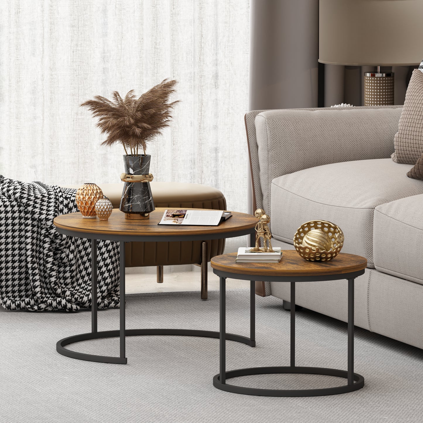 Nesting Coffee Table Set of 2 - Round Wood & Metal, Rustic Brown