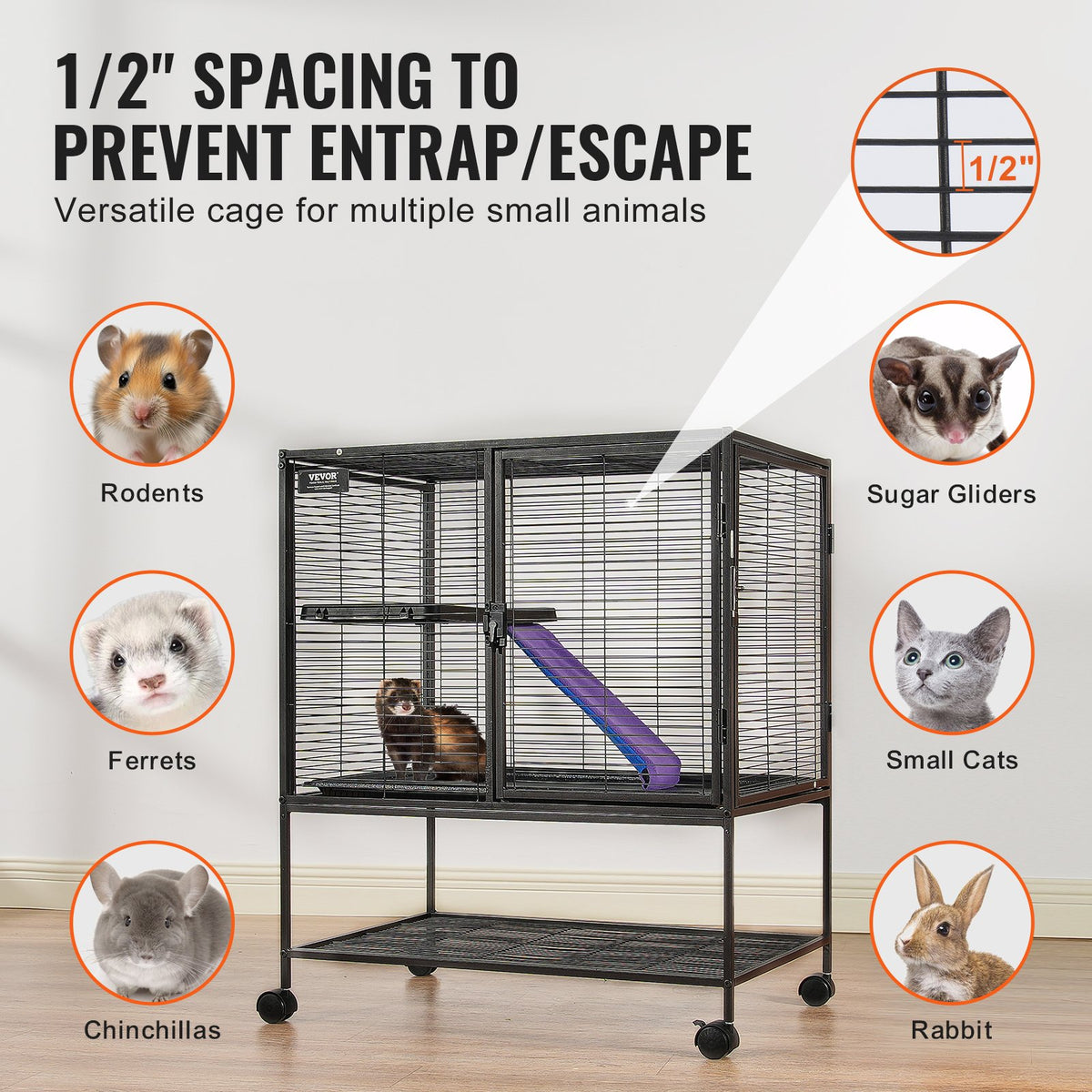36-Inch Metal Small Animal Cage with Ramp - 2-Tier Rolling Ferret Enclosure, Black