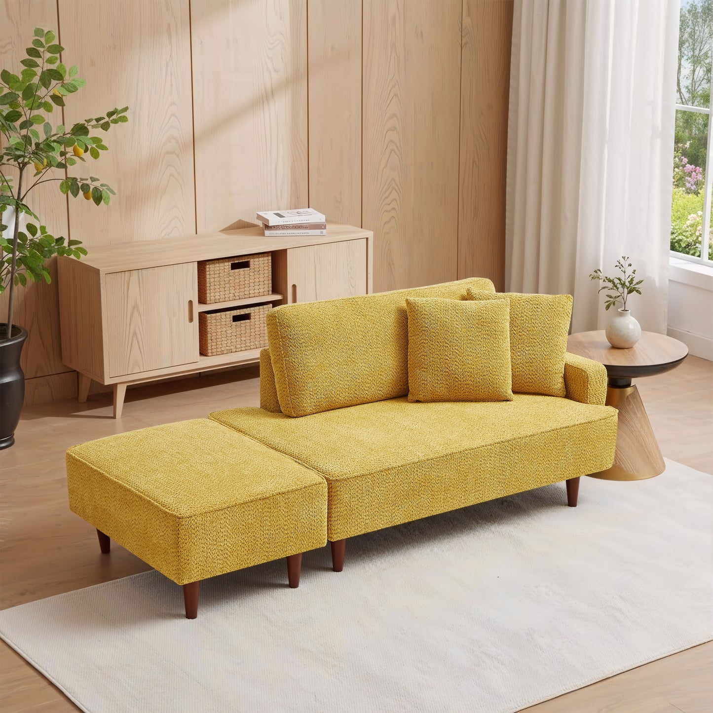 Yellow Boucle Upholstered Chaise Lounge Chair with Ottoman & Pillows