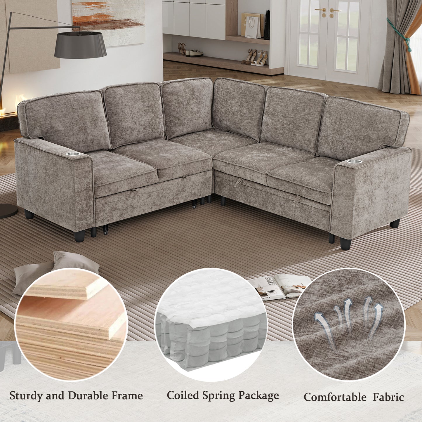 L-Shaped Sofa Bed with Storage & USB Ports - Light Brown