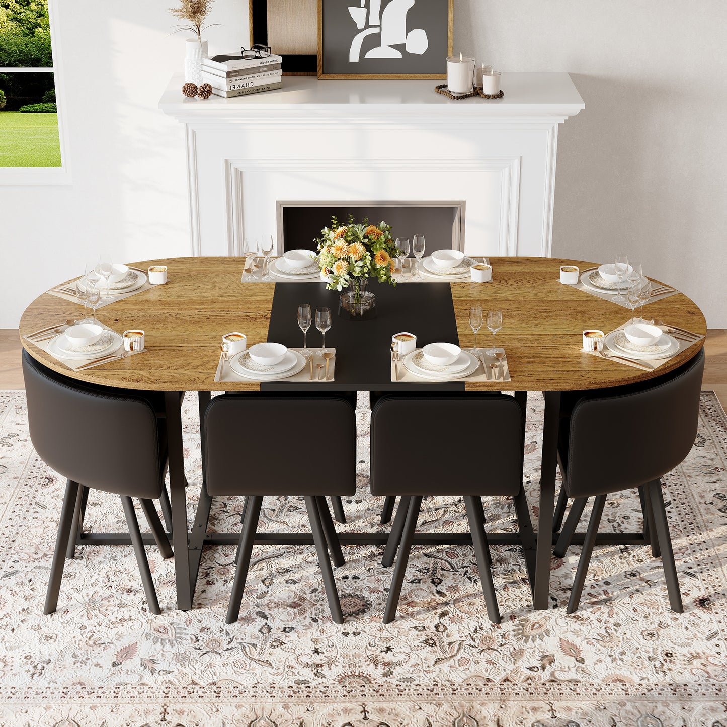 9-Piece Oval Dining Table Set, Fixed Two-Tone Wood Grain & Black