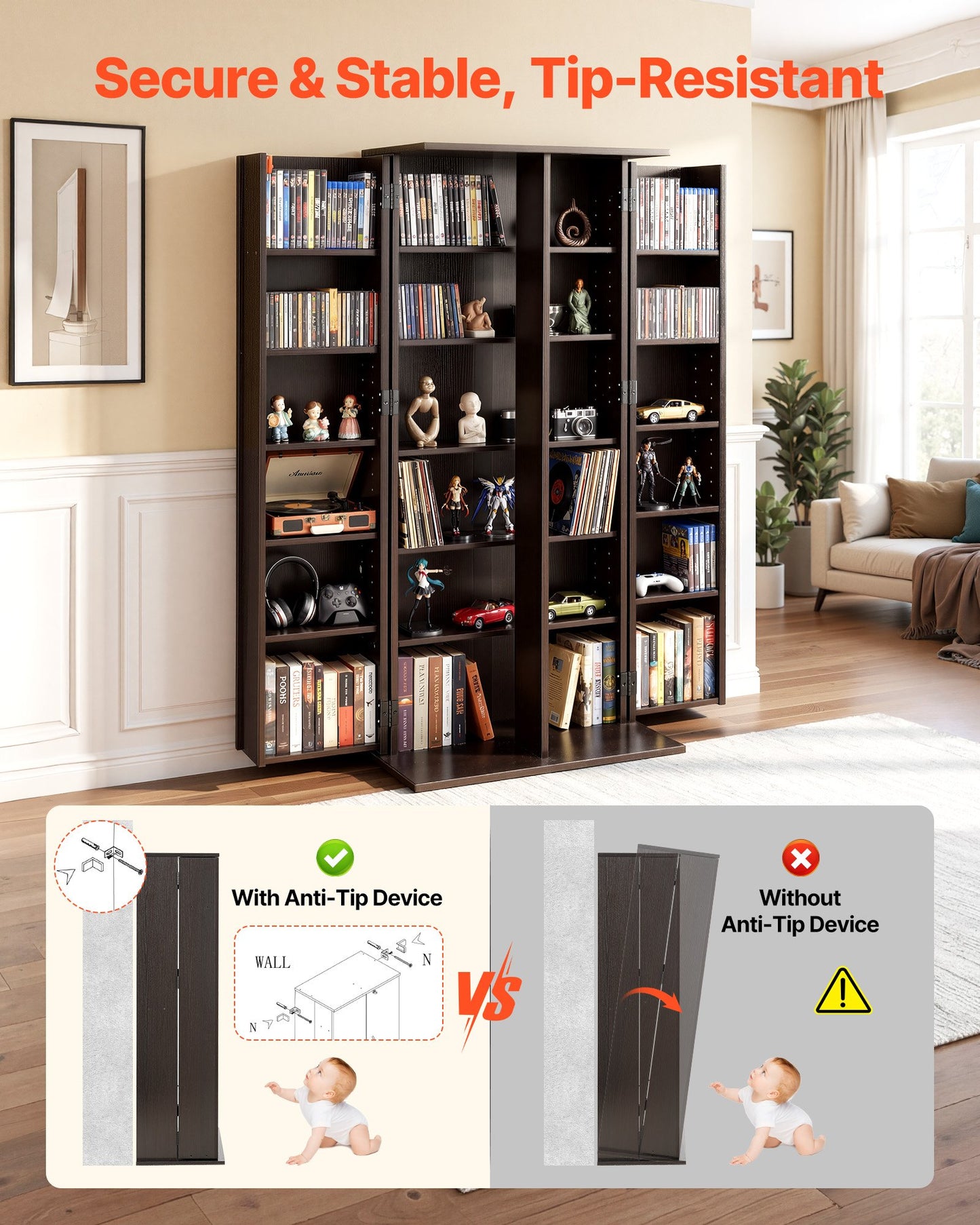 Media Storage Cabinet 6-Tier DVD & CD Organizer with Lock, Brown