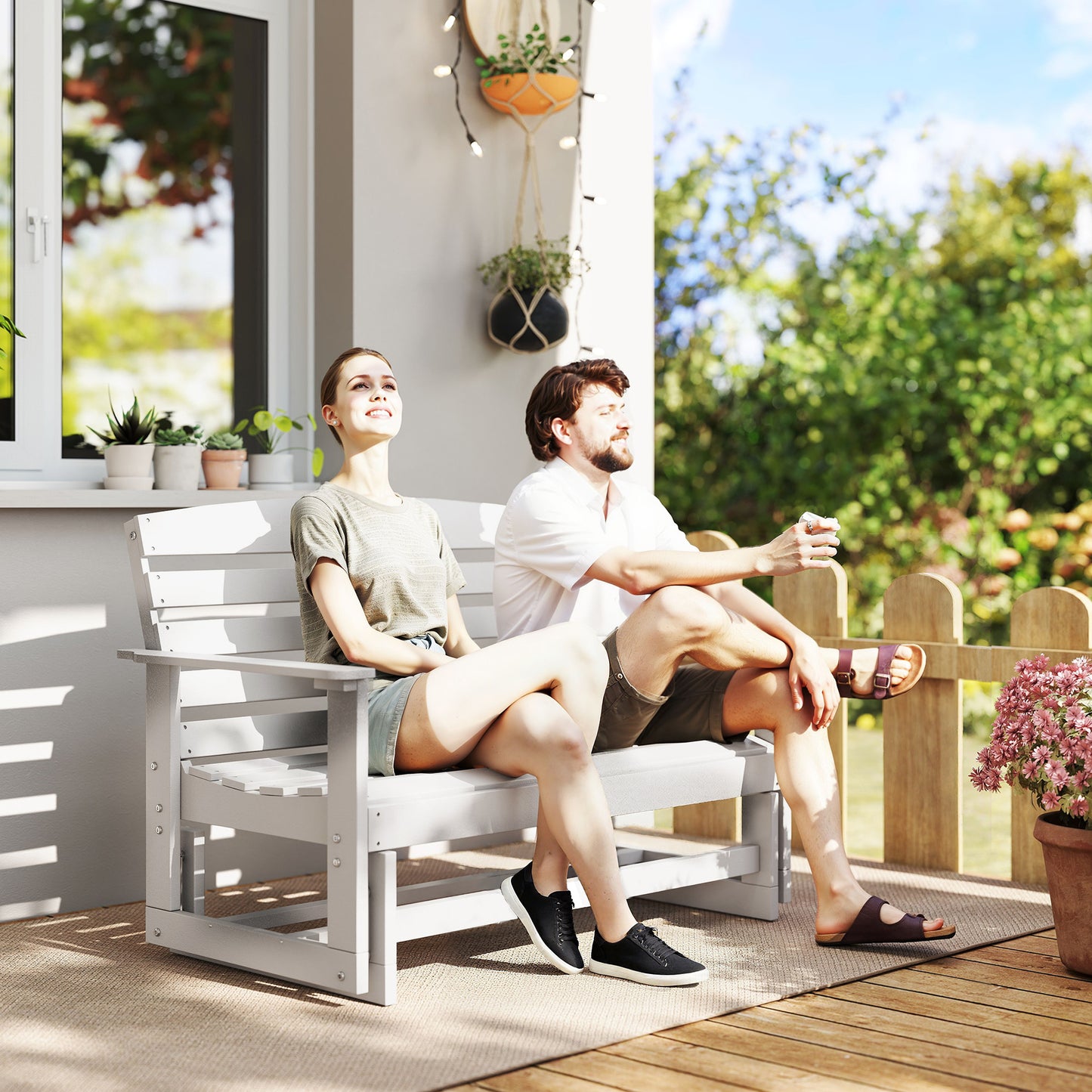 Patio Glider Bench - HDPE Double Rocking Chair, White