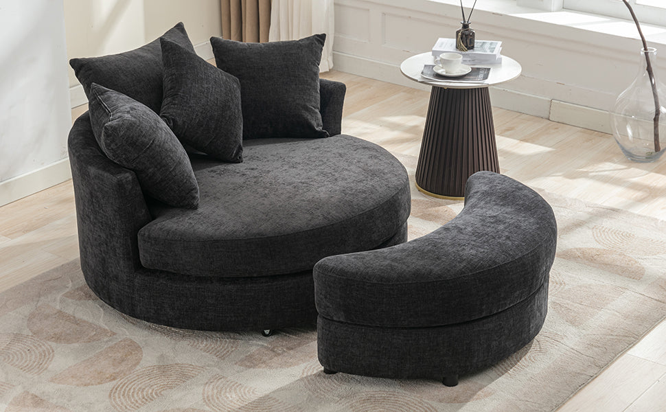 360° Swivel Accent Barrel Chair with Storage Ottoman & 4 Pillows - Gray