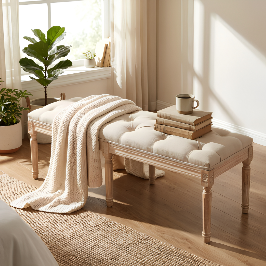 French Vintage Tufted Bedroom Bench - Cream Upholstered Ottoman
