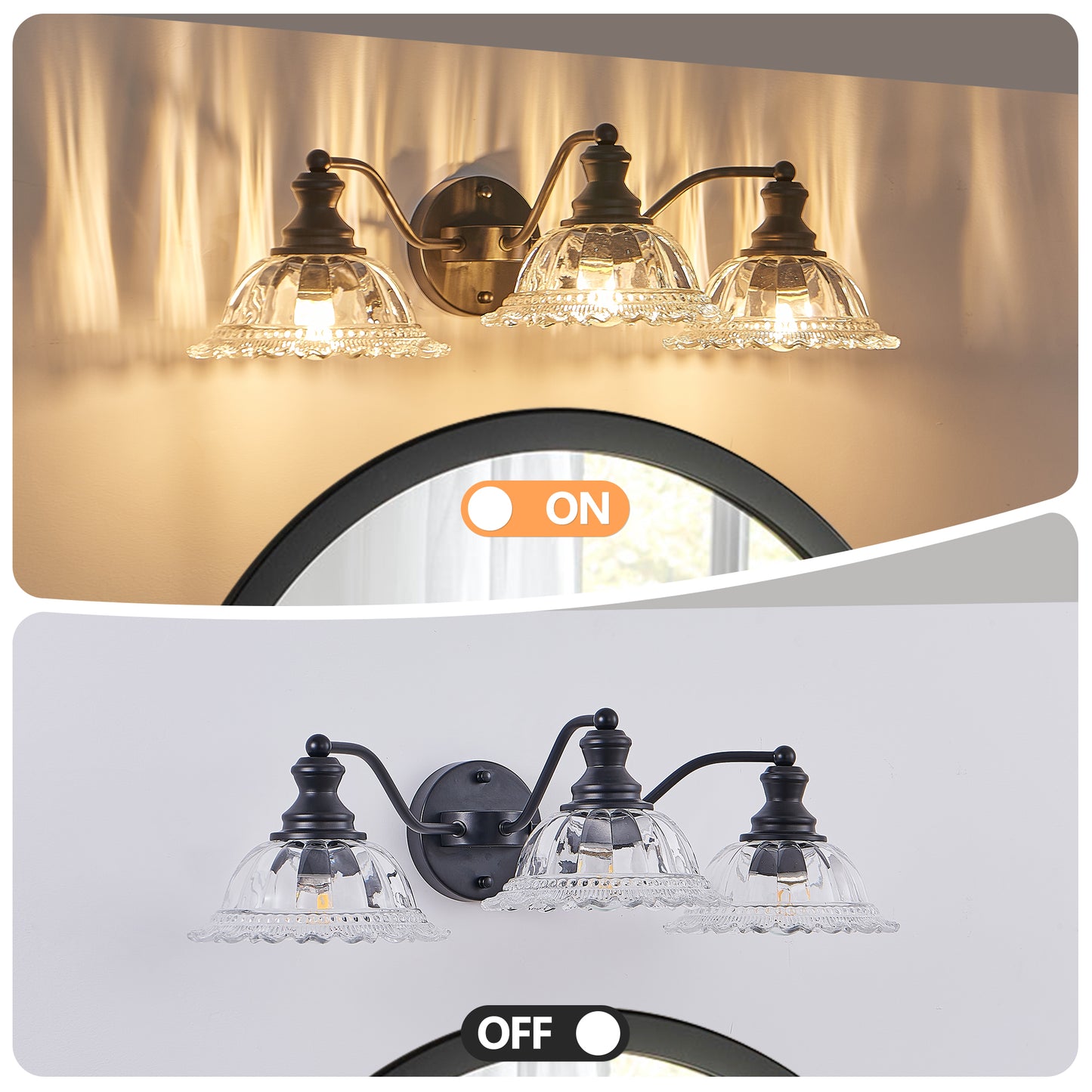 24 Inch 3-Light Vintage Bathroom Wall Sconce Black Metal Glass Vanity Light Fixture