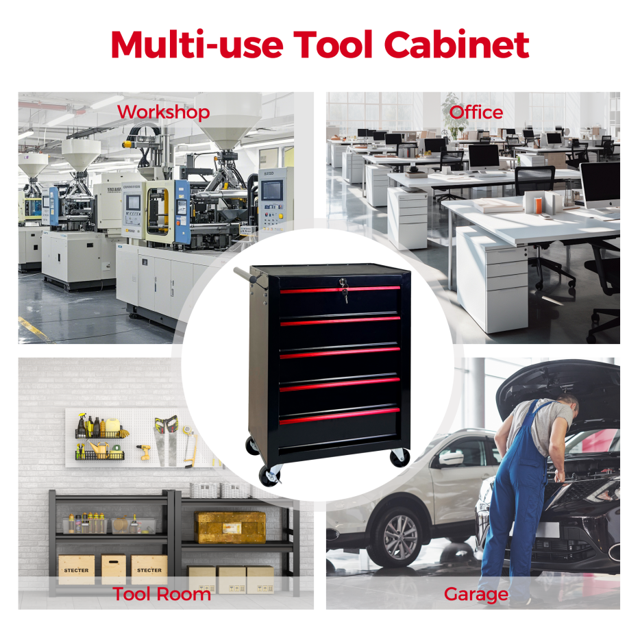 Rolling Metal Tool Chest with 5 Drawers - Black