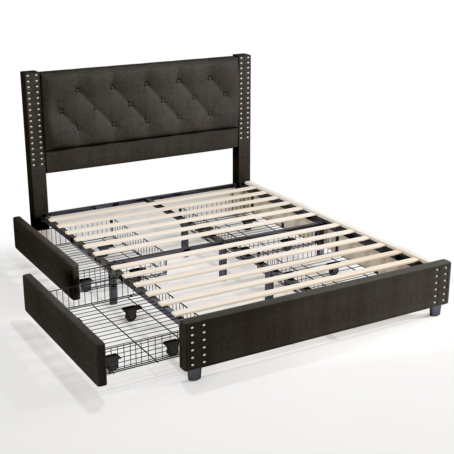 Full Size Bed Frame With Upholstered Button Tufted Headboard Wood