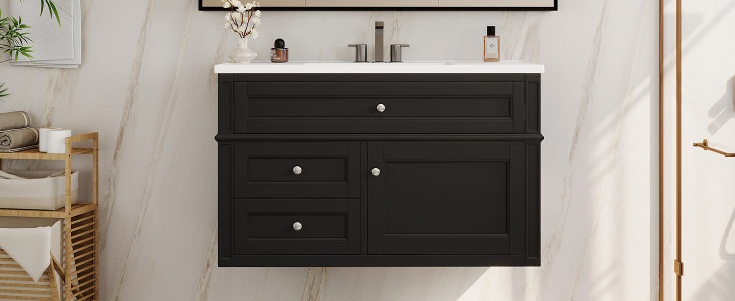 36-Inch Wall Mounted Bathroom Vanity with Ceramic Sink - Black
