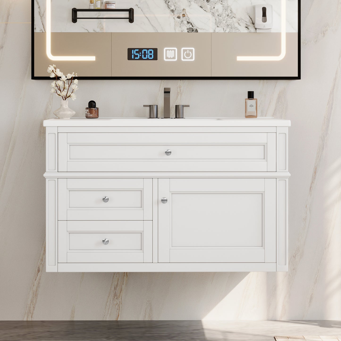 36-inch Wall Mounted Bathroom Vanity with Ceramic Sink & Drawers