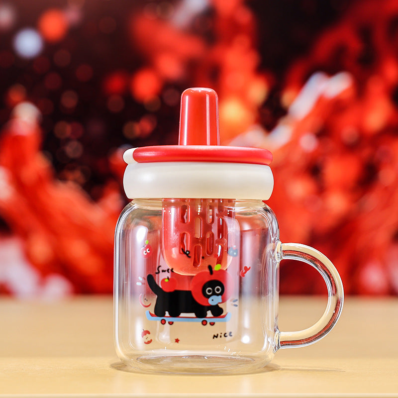 Cute Cat Water Cup with Handle - 600ML Glass Drinking Mug for Home