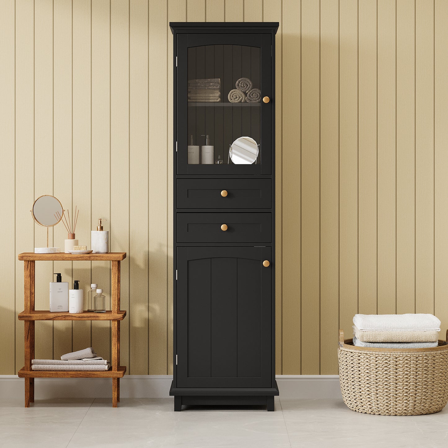 63" Tall Bathroom Storage Cabinet with Glass Doors - Black