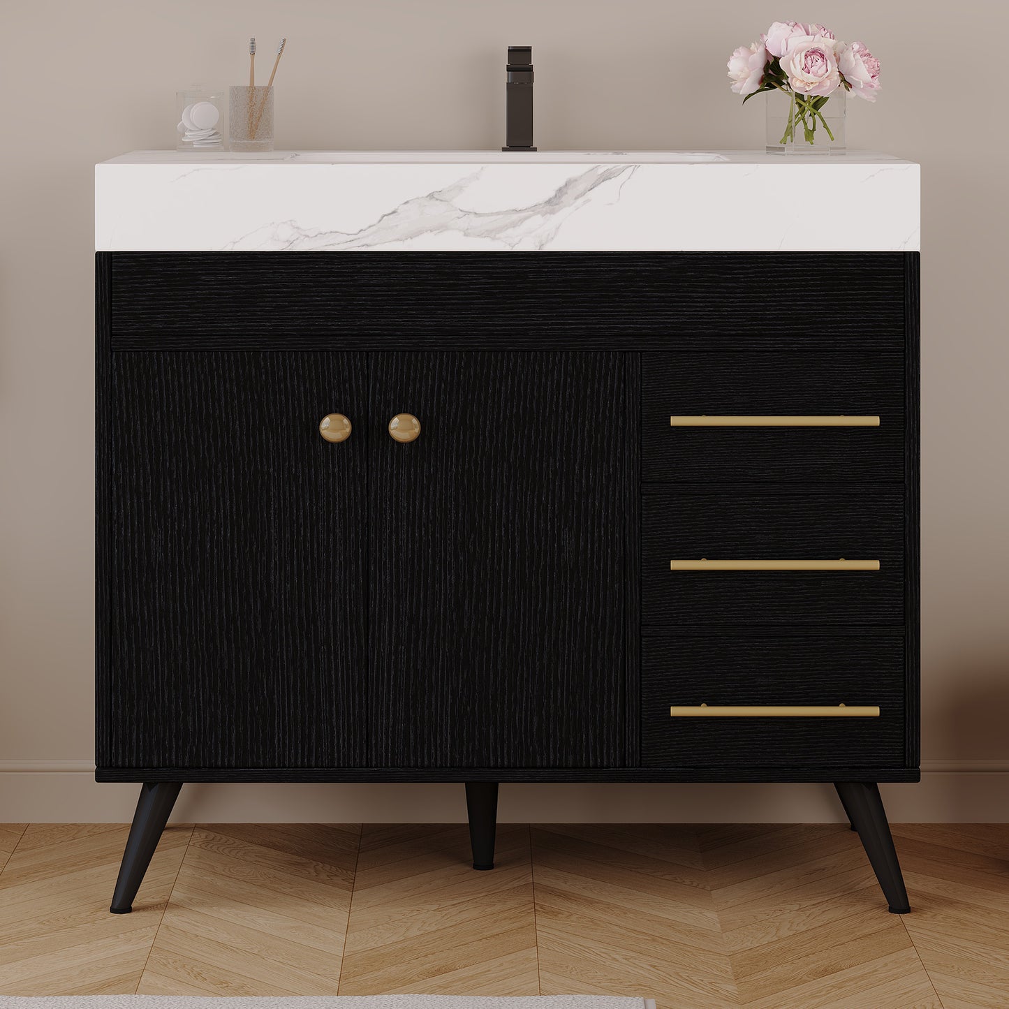 36" Freestanding Bathroom Vanity with Ceramic Sink & Faux Marble Top - Black/White