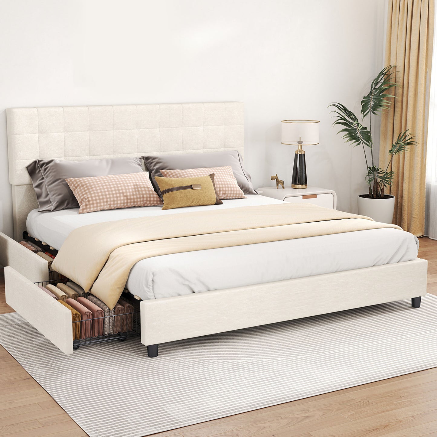 Modern Upholstered Bed Frame with Storage Drawers - No Box Spring Needed