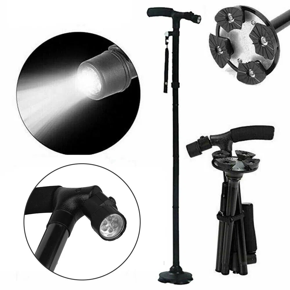 LED Folding Walking Cane with Pivoting Base - Adjustable Height