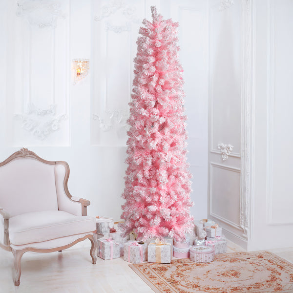 7.5 FT Snow Flocked Artificial Pencil Christmas Tree - Pink