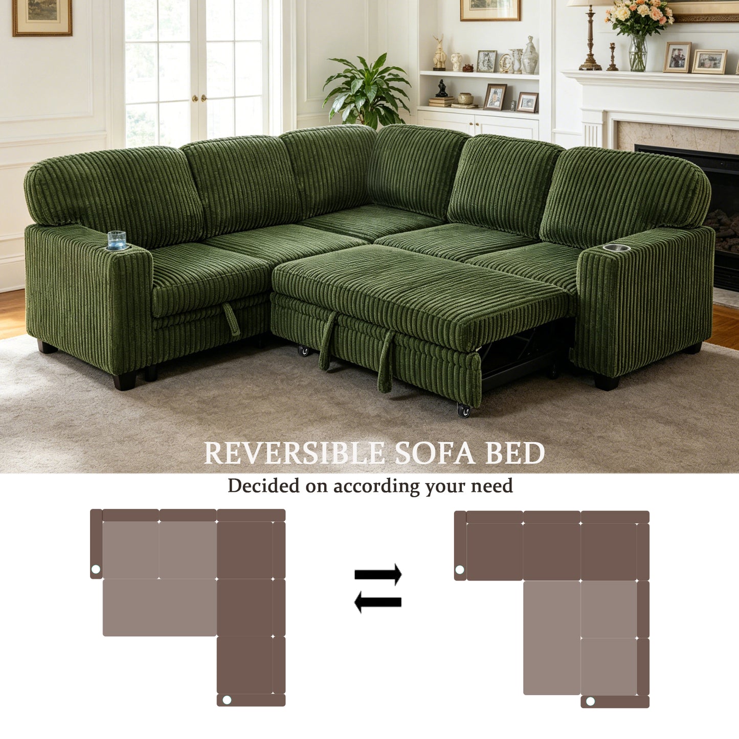 L-Shaped Sectional Sofa Bed with USB Charging & Storage - Olive Green