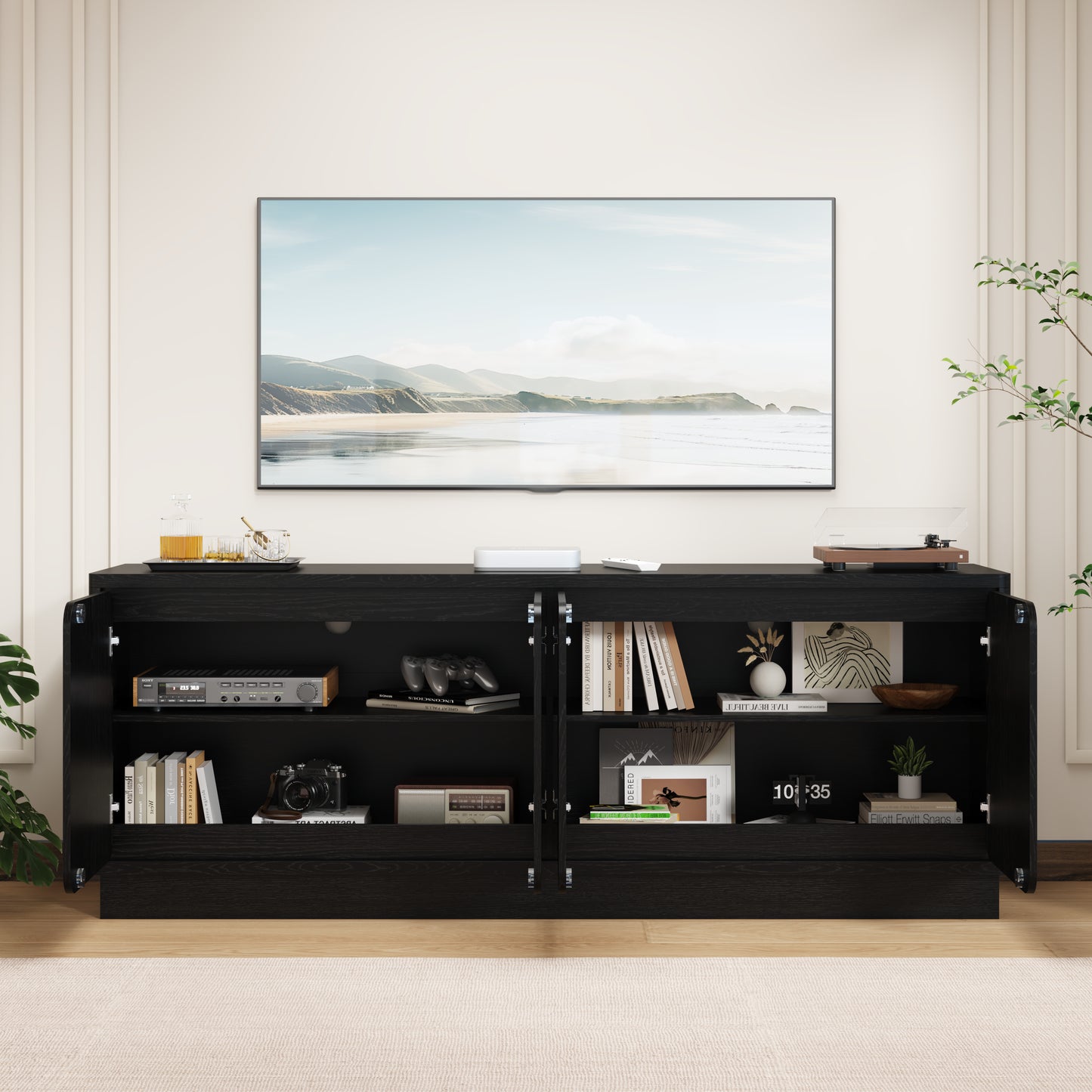 63 Inch Black TV Stand with 4 Storage Doors - Modern Media Console