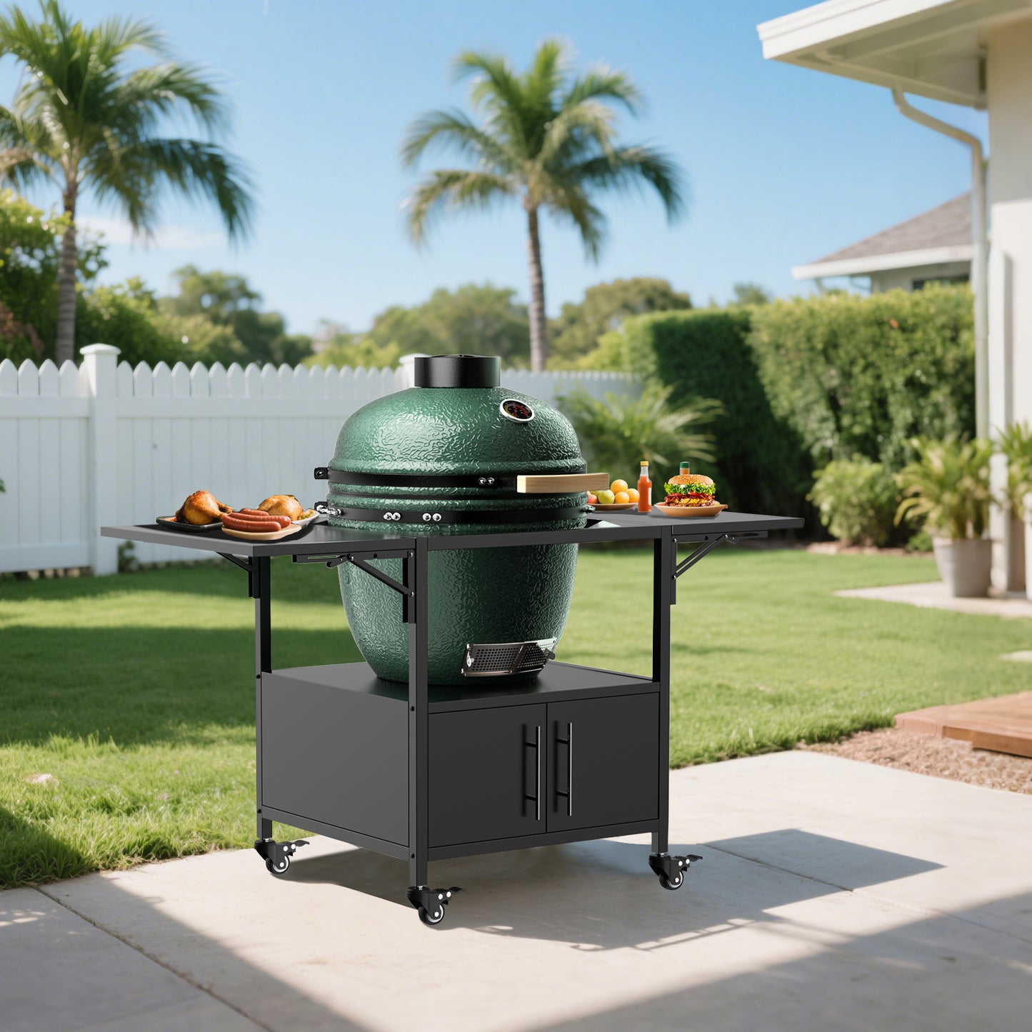 Outdoor Grill Table for Big Green Egg & Kamado Joe - Metal Cart with Folding Panels, Black