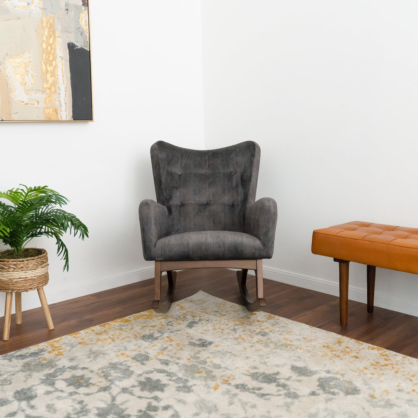 Alistair Solid Wood Rocking Chair With Stain Resistant Fabric In