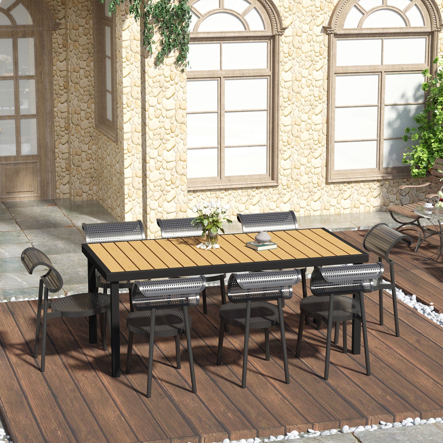 Outdoor Dining Table for 8 - Rectangular Aluminum Frame, Natural Wood Top