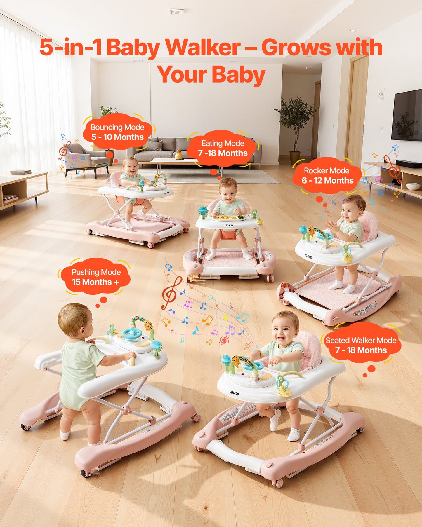 5-in-1 Baby Walker Activity Center - Height Adjustable Toddler Push & Rocker