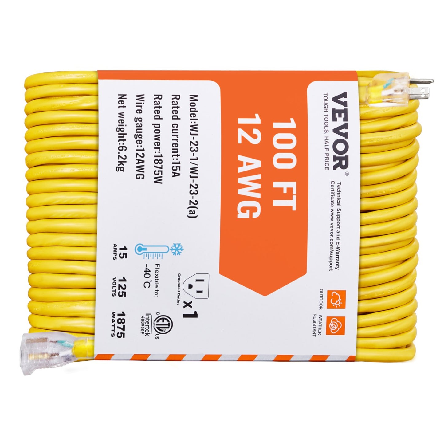 Heavy Duty 100FT Extension Cord 12AWG 15A Waterproof with Lighted End
