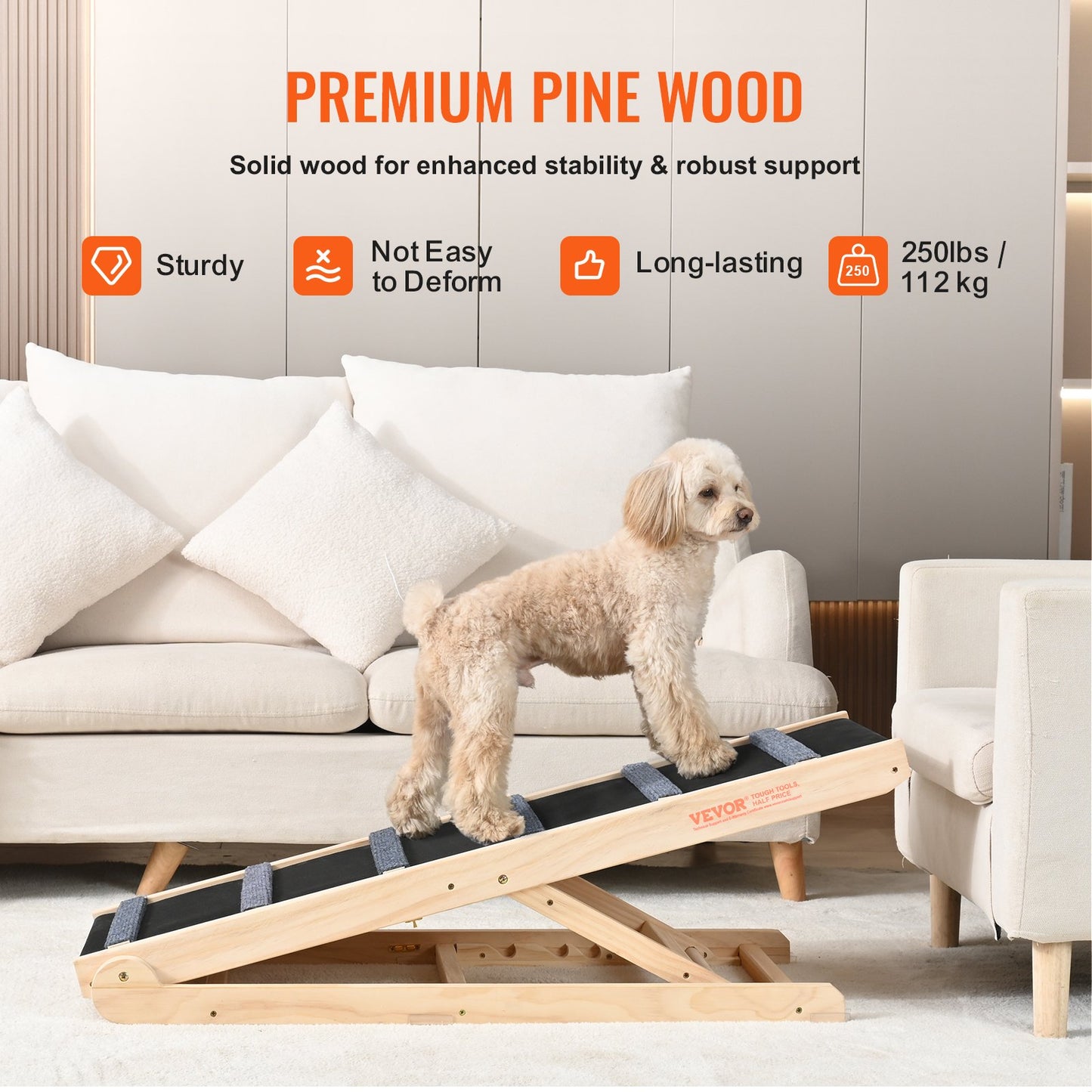 Adjustable Wooden Dog Ramp for Bed Couch Car - Non-Slip Pet Steps with 41.3' Long Ramp