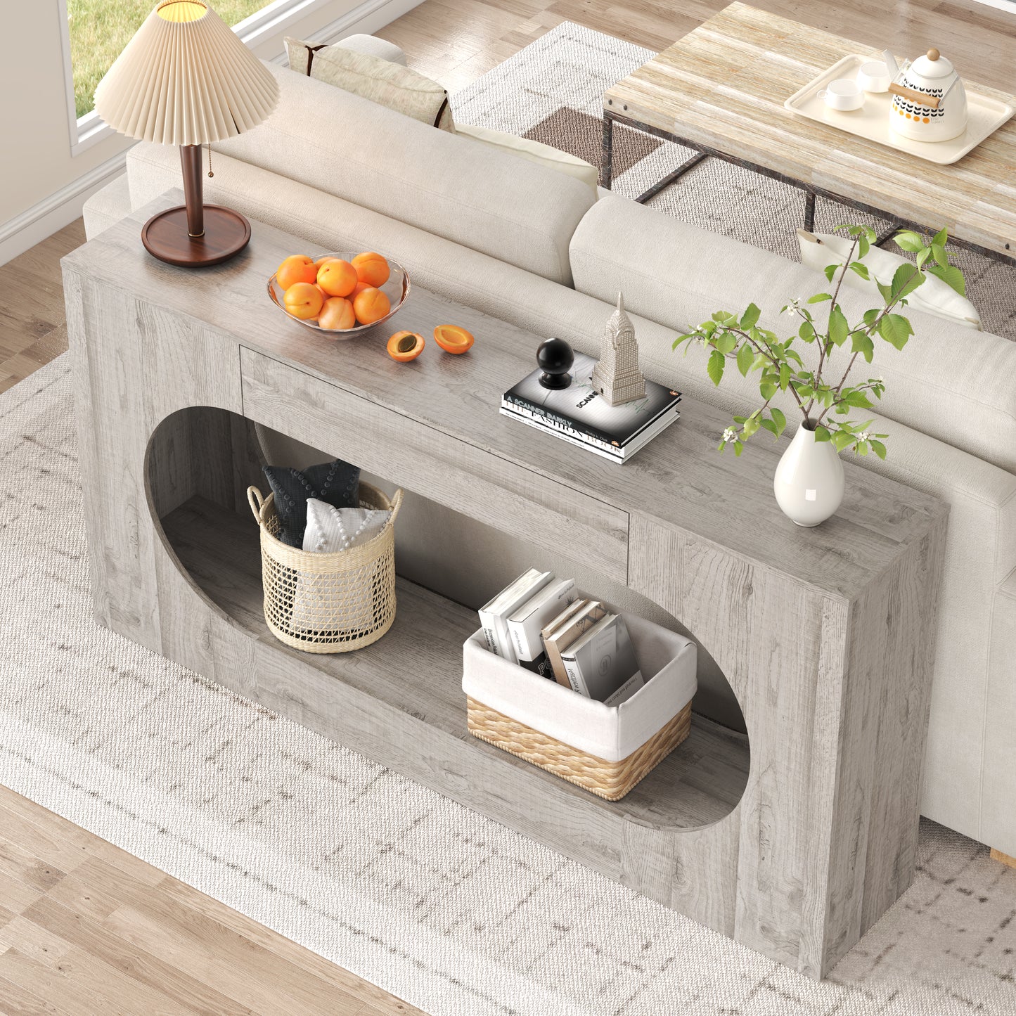 Grey Wood Grain Console Table with Storage Drawer - 63"
