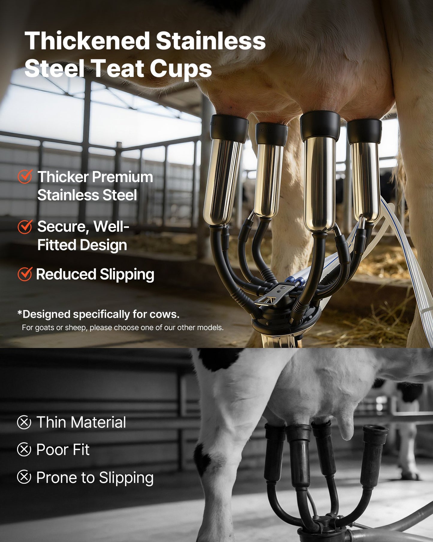 Electric Cow Milking Machine 6.6 Gal Stainless Steel Bucket Food-Grade Teat Cups