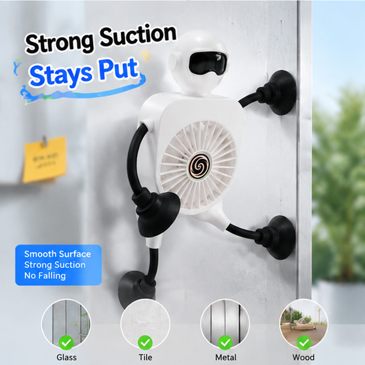 Rechargeable 2000mAh Mini Fan with Suction Cup & Flexible Arms - White