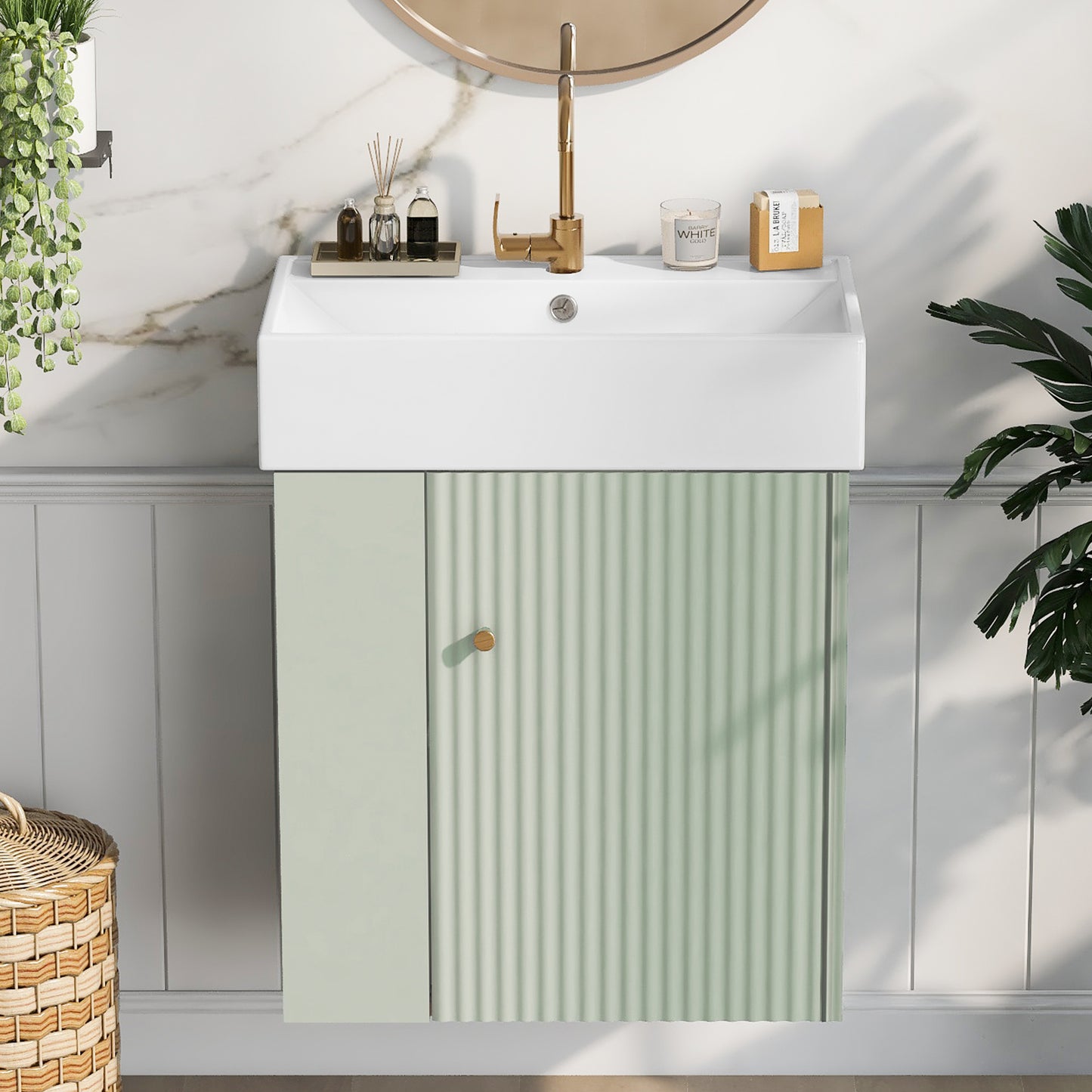 21.6 Inch Floating Bathroom Vanity with Ceramic Basin - Green