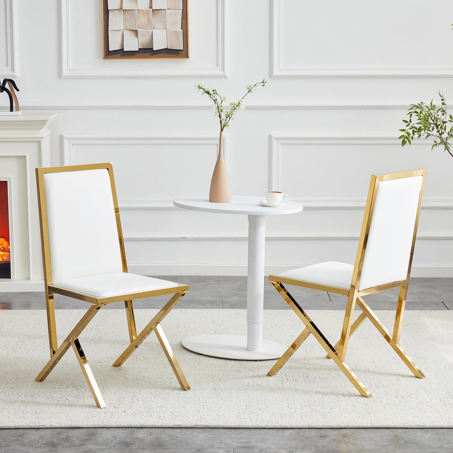 2-pack Gold Metal Framed White PU Dining Chairs Ergonomic Design, A